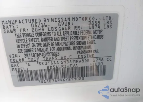 2016 Nissan Sentra Sr z USA, uszkodzony, nr VIN 3N1AB7AP4GY279023